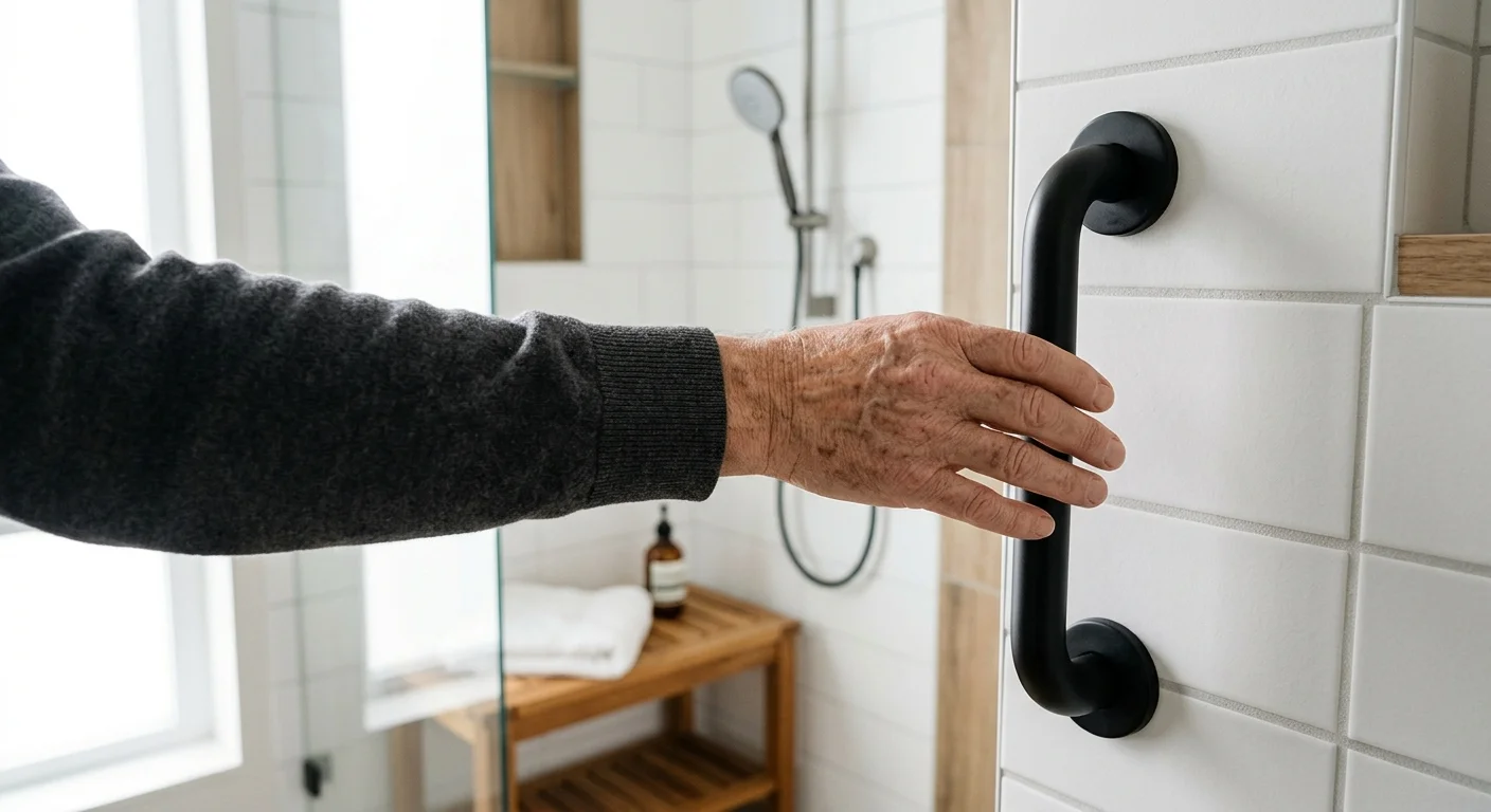 A close-up photograph of a senior's hand resting on a stylish matte-black grab bar in a modern, zero-threshold walk-in shower.