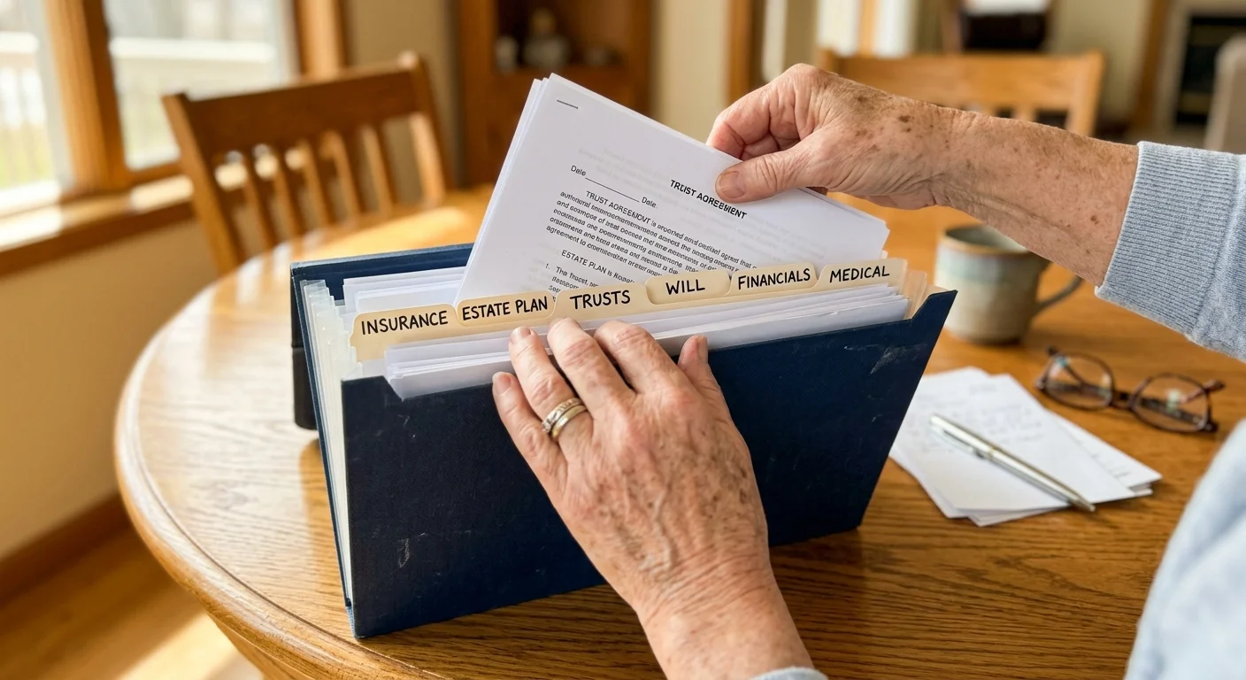 A close-up photograph of an older adult's hands organizing financial folders on a sunlit wooden desk.