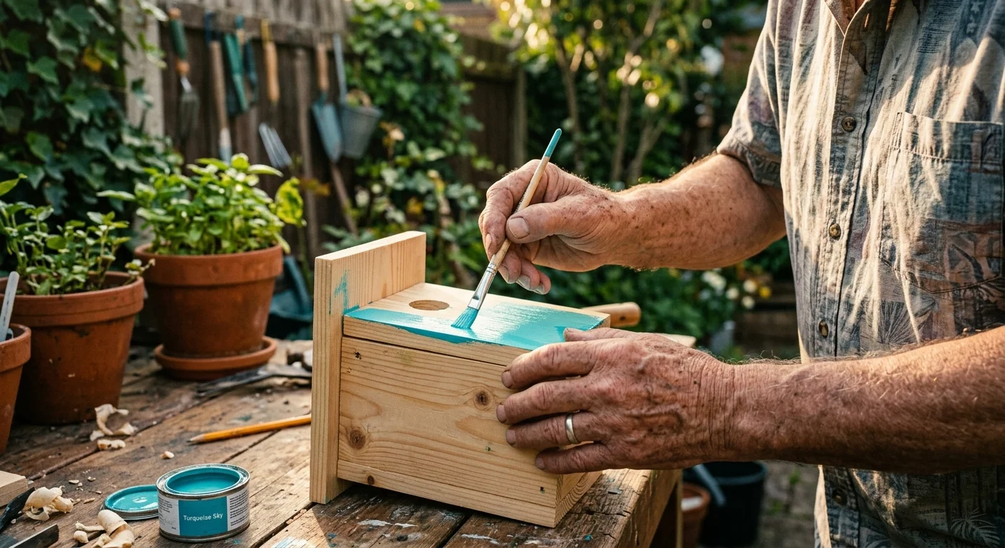 A close-up photograph of an older man's hands painting a wooden birdhouse turquoise on an outdoor workbench.