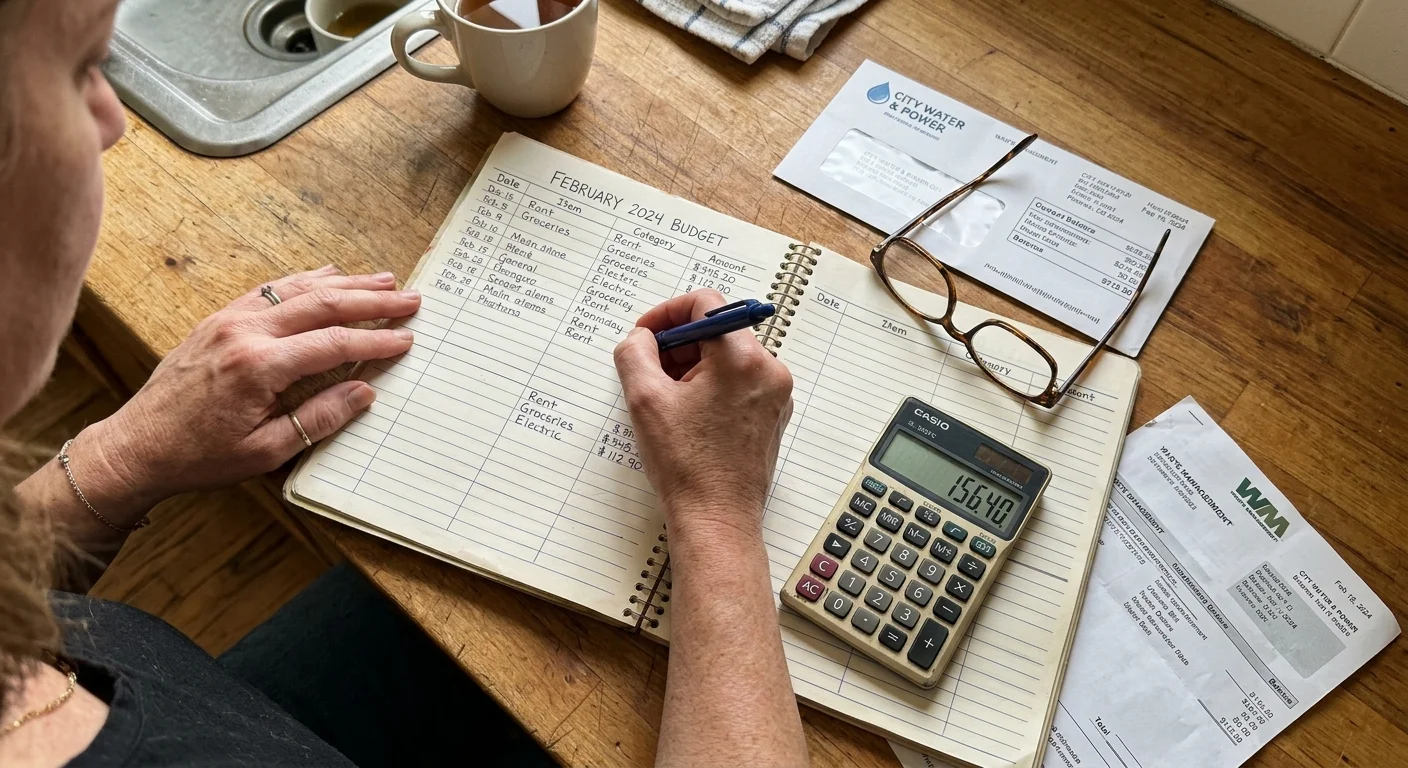 A close-up shot of hands writing in a physical budget ledger next to a calculator and bills on a kitchen counter.