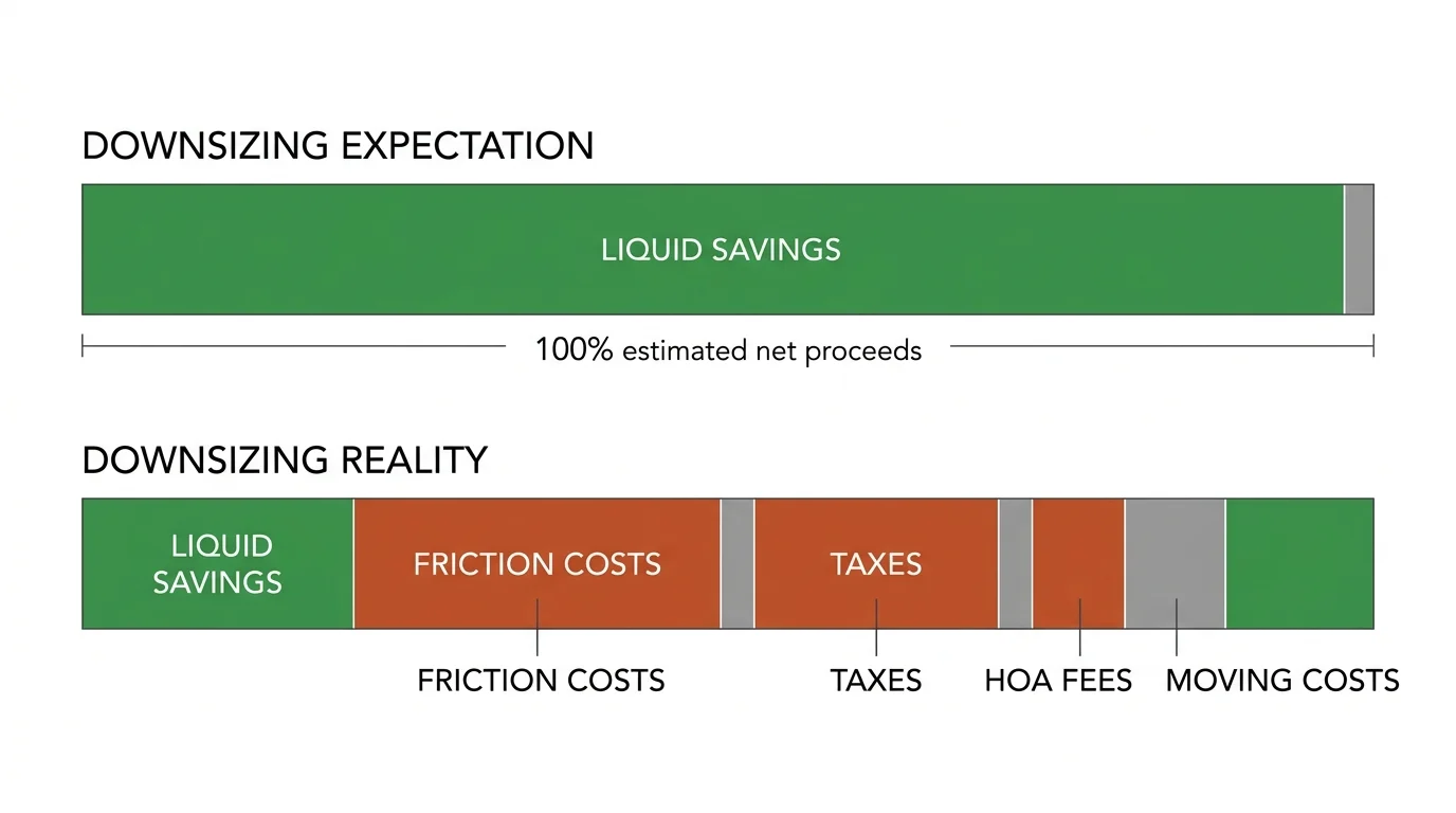 A comparative diagram contrasting the high expected savings of downsizing against the actual, smaller reality after hidden costs.