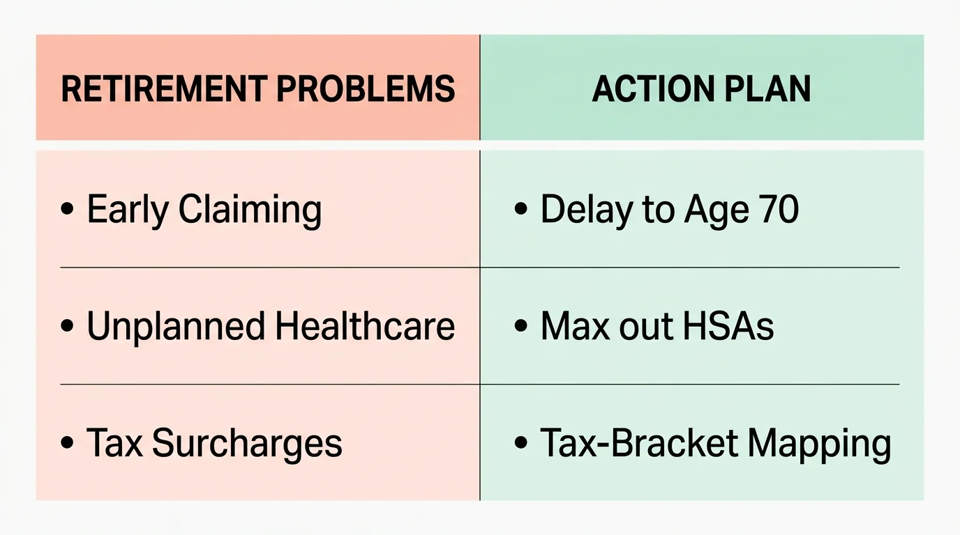 A comparative diagram showing retirement problems like early claiming alongside action plans like delaying benefits.