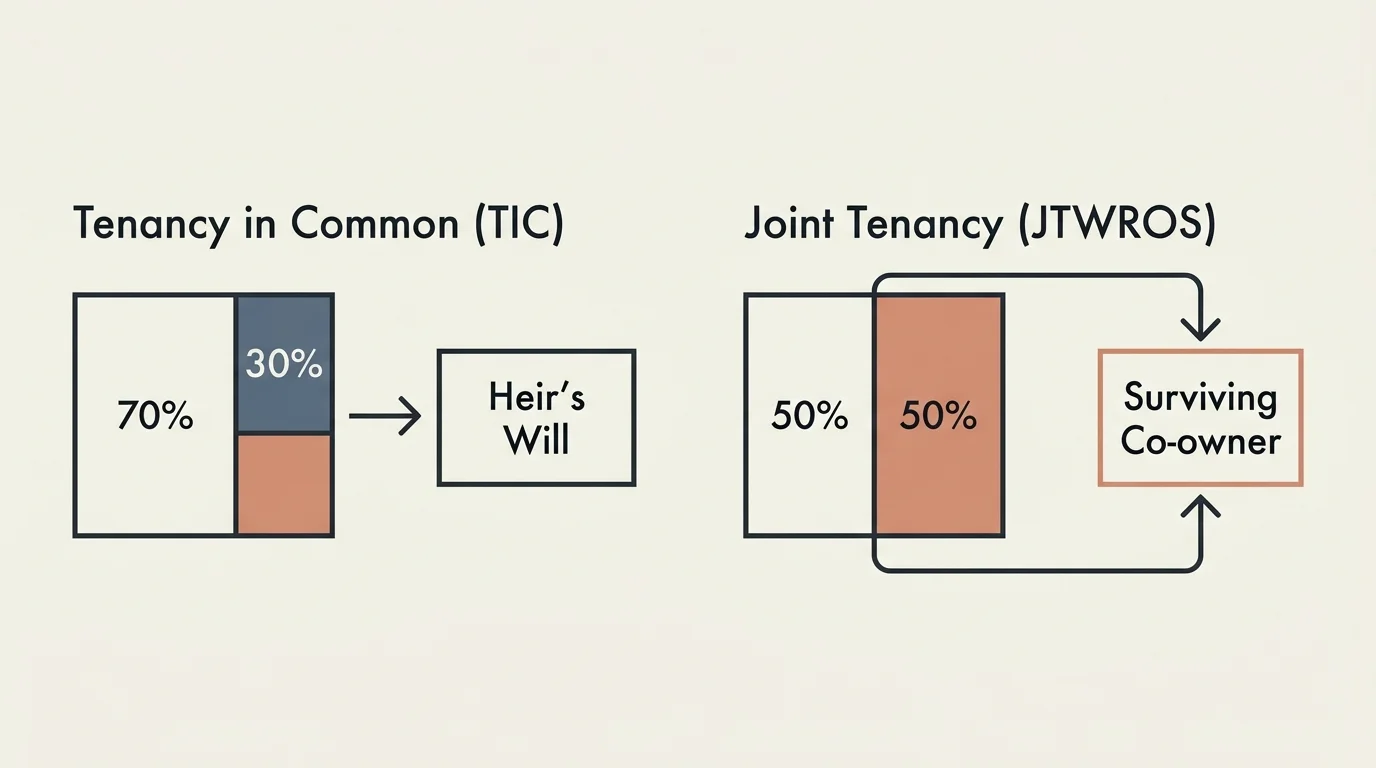 A comparative diagram showing the split differences and inheritance paths between Tenancy in Common and Joint Tenancy.