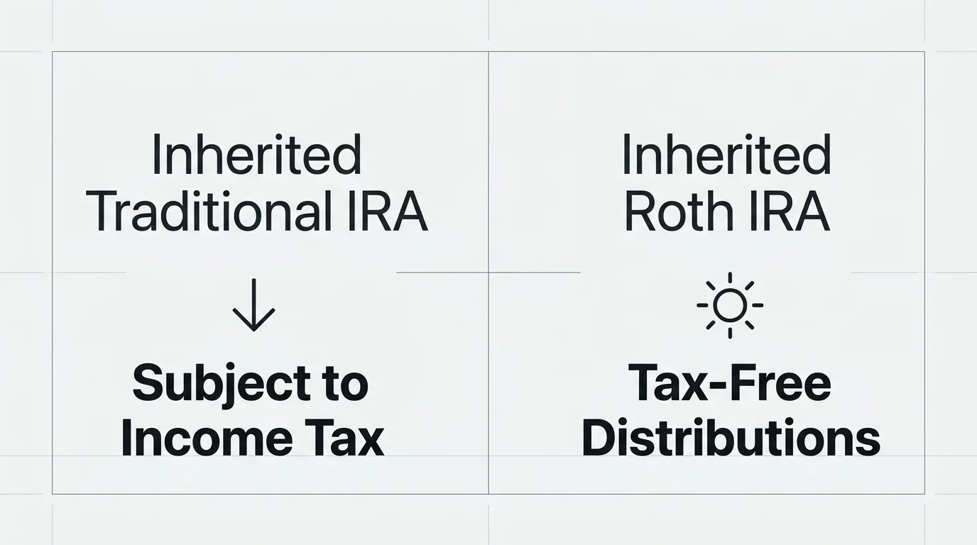 A comparative diagram showing the tax differences between inherited traditional IRAs and inherited Roth IRAs.