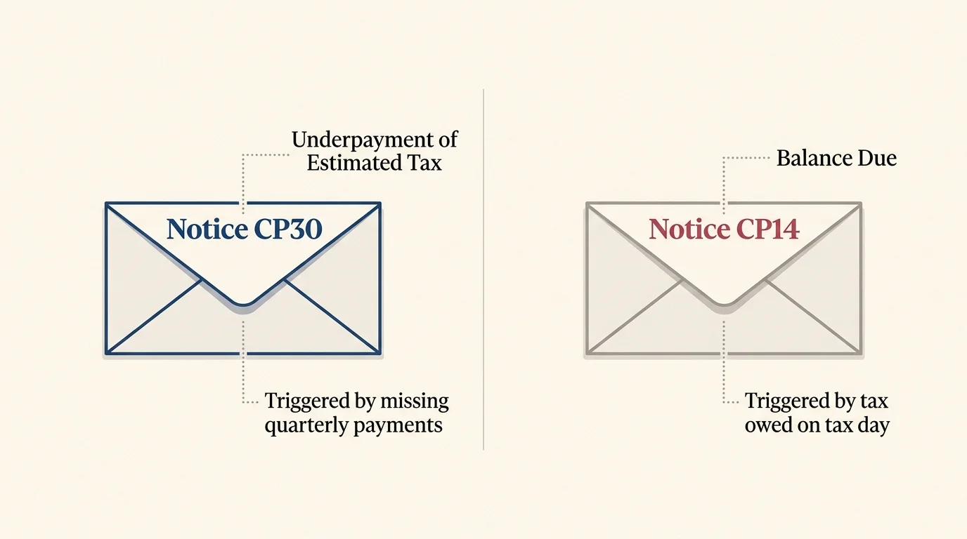 A comparative side-by-side diagram contrasting IRS Notice CP30 with Notice CP14.