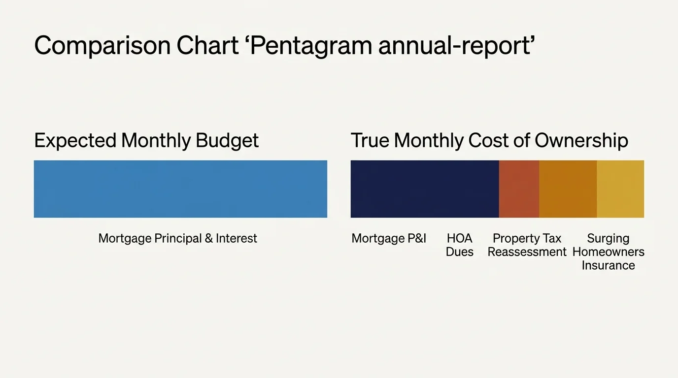 A comparison bar chart showing a simple expected mortgage payment versus the true, multi-faceted cost of homeownership.