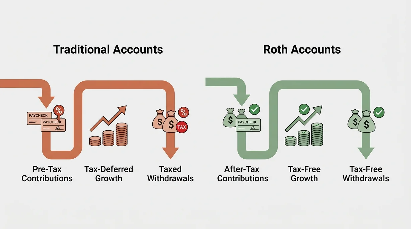A comparison diagram showing the different tax treatments and flows of Traditional versus Roth retirement accounts.