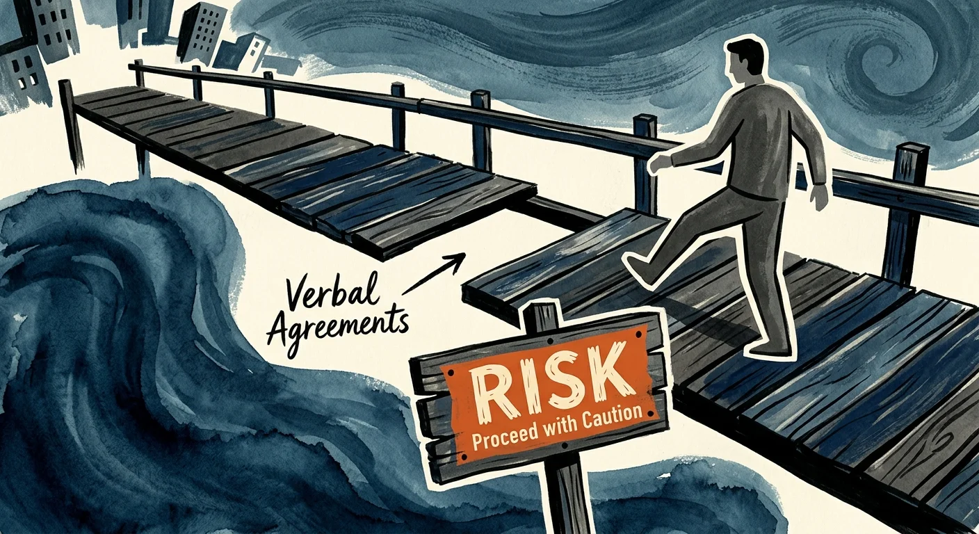A conceptual gouache illustration of a bridge with a missing plank labeled Verbal Agreements, warning of financial pitfalls.
