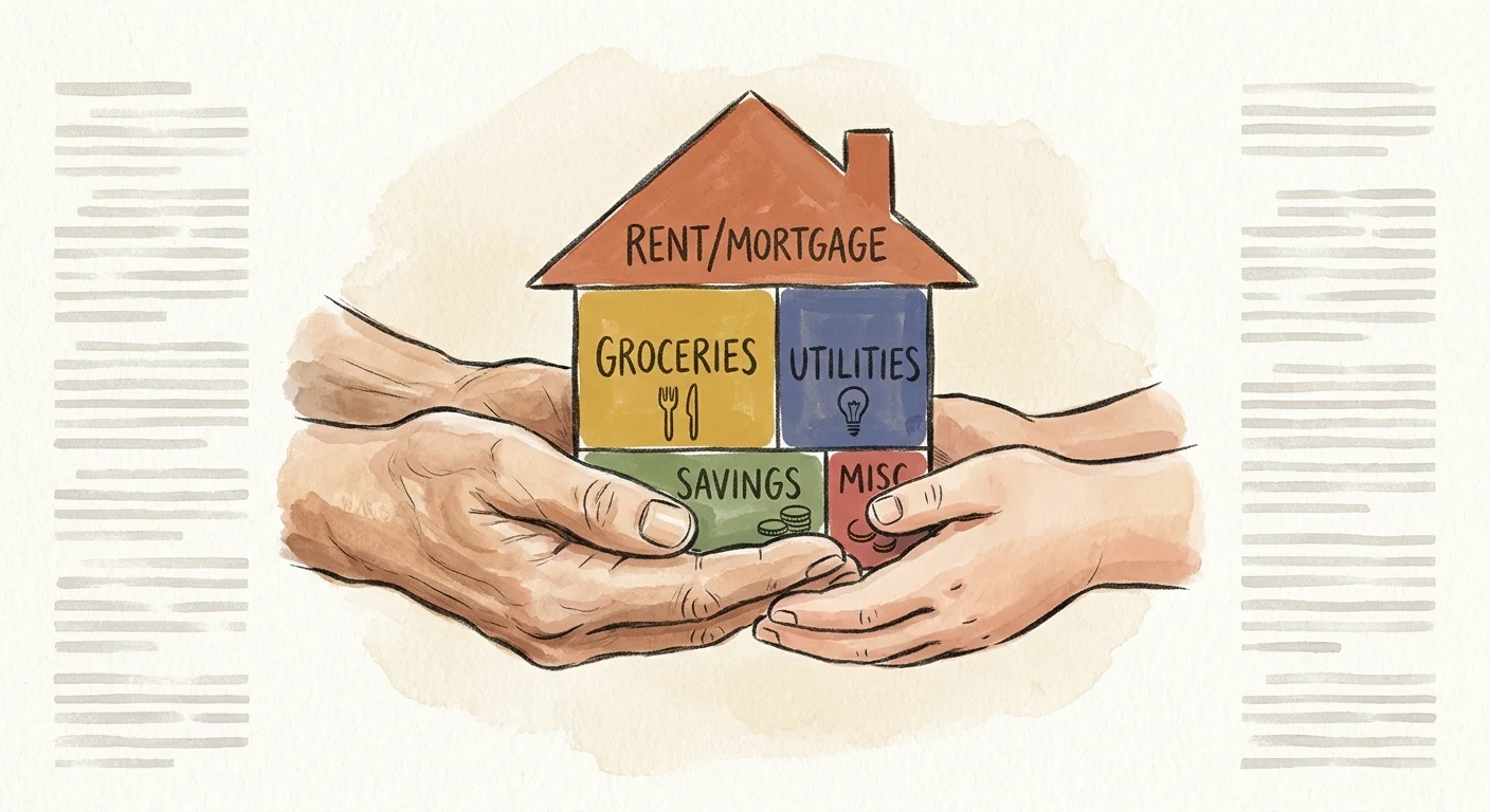 A conceptual gouache illustration of an older hand and a younger hand balancing a stylized house split into proportional colored segments.