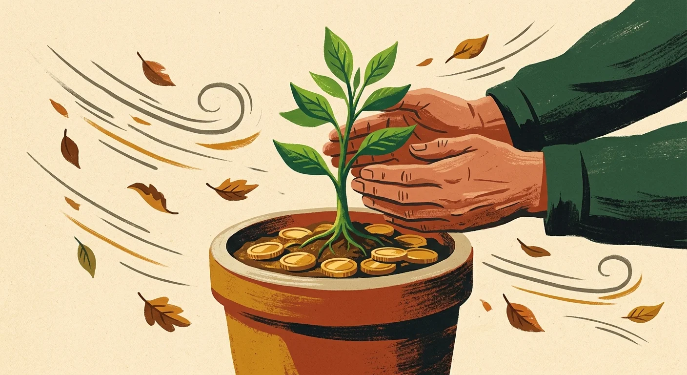 A conceptual gouache illustration of hands sheltering a growing plant in a pot lined with coins from a cold autumn wind.
