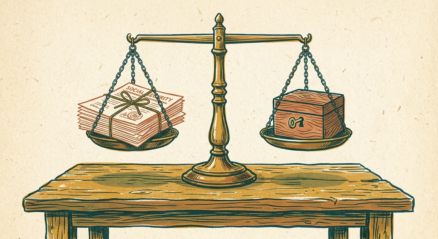 A conceptual print illustration of a balanced brass scale holding a stack of papers on one side and a wooden box on the other.