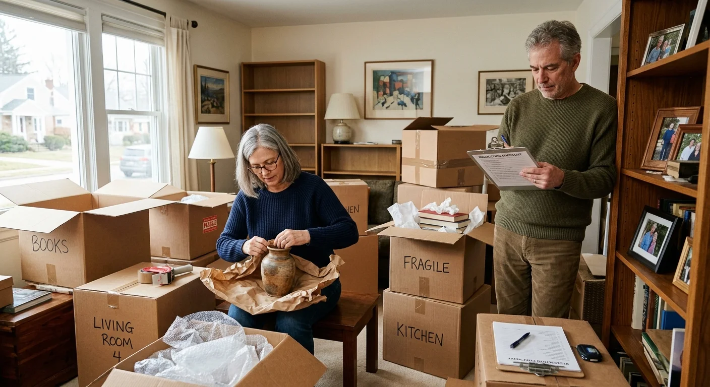A couple in their early 60s carefully packing boxes and reviewing a moving checklist in their warm, cluttered living room.