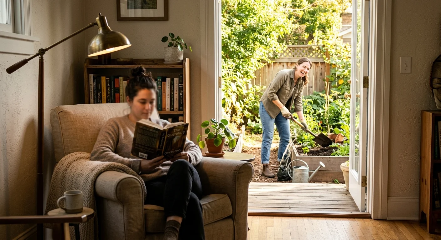 A cozy indoor reading nook in the foreground with a sibling visible outside in the sunny garden through an open door.