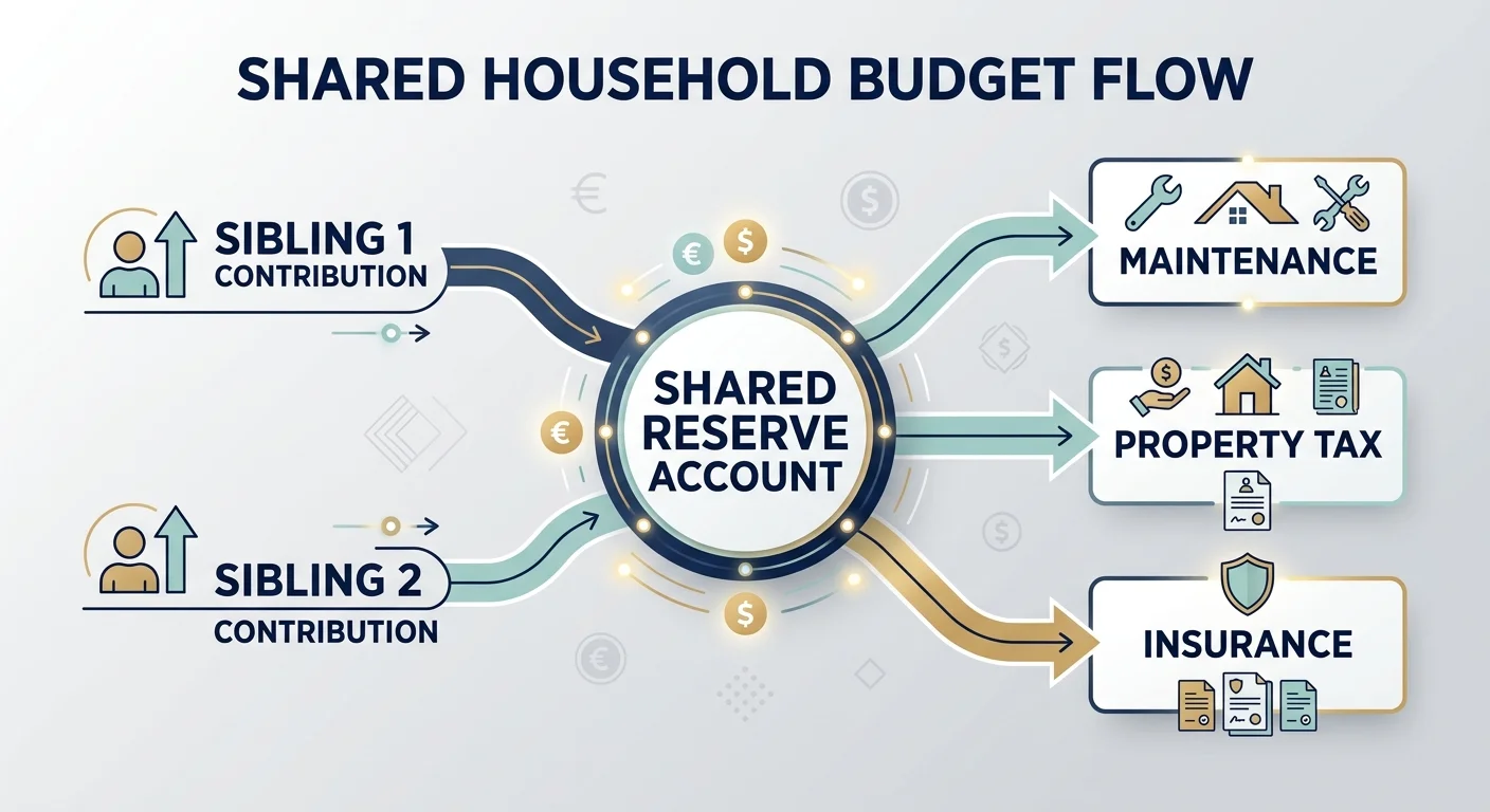 A financial diagram showing how individual sibling contributions flow into a shared reserve account for expenses.