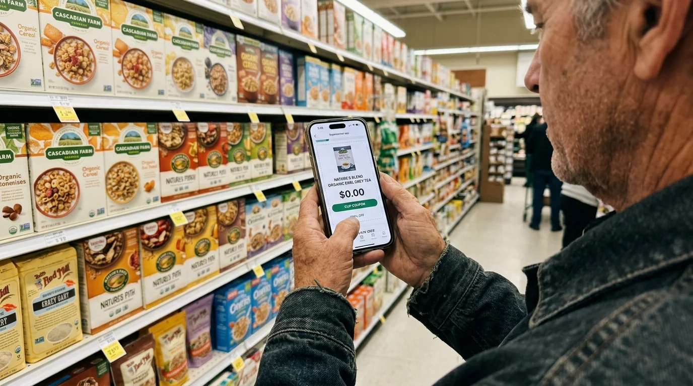 A first-person view of hands holding a smartphone in a grocery store, showing a digital coupon app with a zero-dollar item.