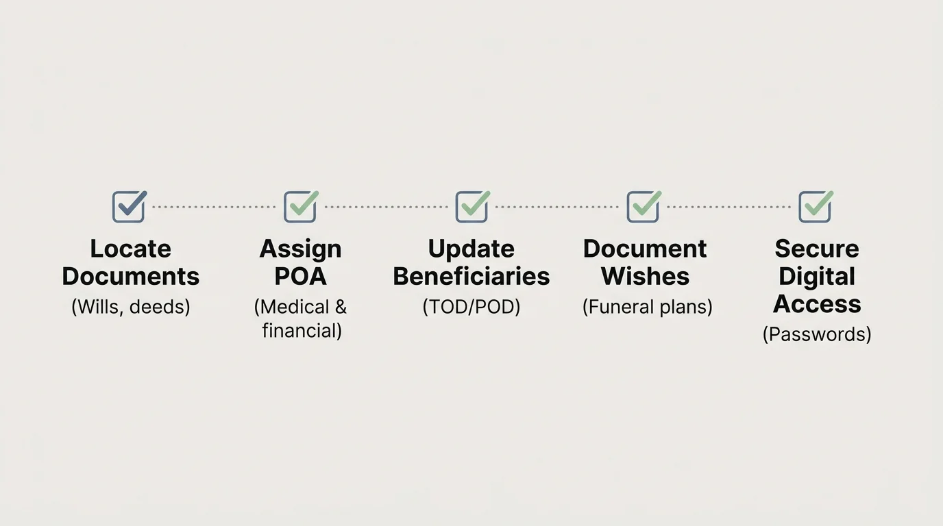 A five-step horizontal checklist diagram detailing the essential steps of end-of-life planning for families.