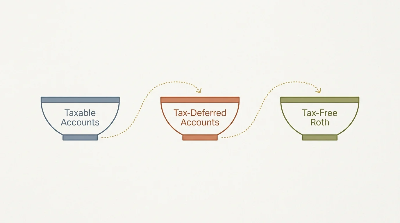 A flow diagram showing the tax-efficient sequence of withdrawals from taxable, tax-deferred, and tax-free accounts.