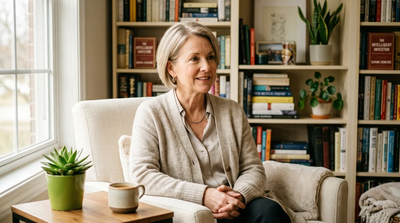 A friendly female financial advisor in a cardigan sitting in a sunlit home office with bookshelves.