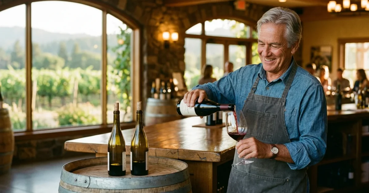 A friendly senior man with silver hair pours a glass of red wine at a rustic wood-paneled vineyard tasting counter.