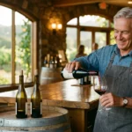 A friendly senior man with silver hair pours a glass of red wine at a rustic wood-paneled vineyard tasting counter.