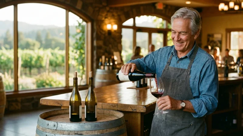 A friendly senior man with silver hair pours a glass of red wine at a rustic wood-paneled vineyard tasting counter.
