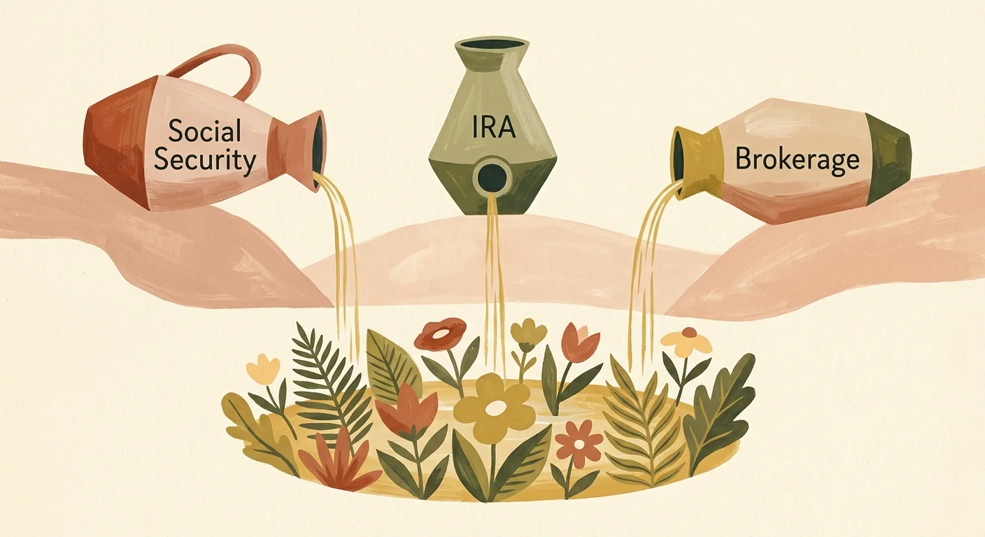 A gouache illustration of three streams labeled Social Security, IRA, and Brokerage flowing together to nourish a garden.