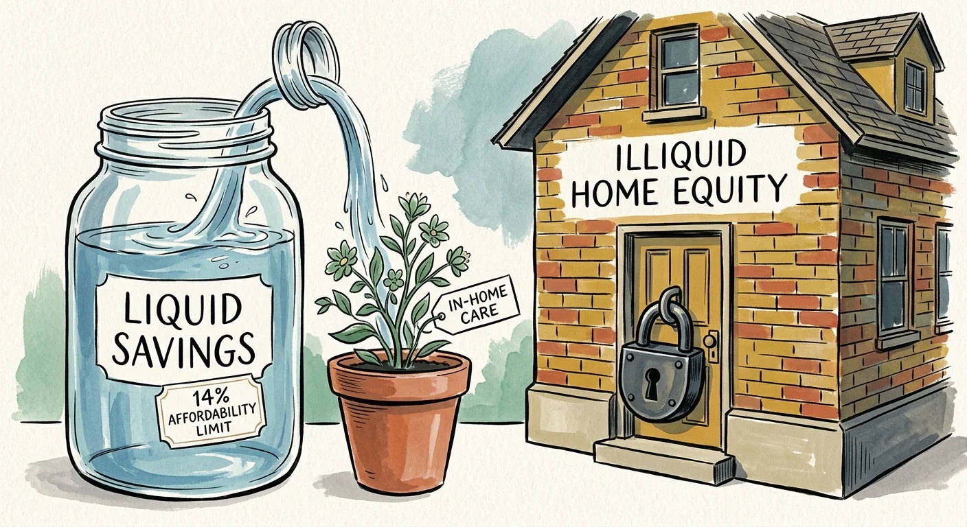 A gouache illustration showing liquid savings being poured to nourish a plant representing healthcare, while equity is locked inside a house