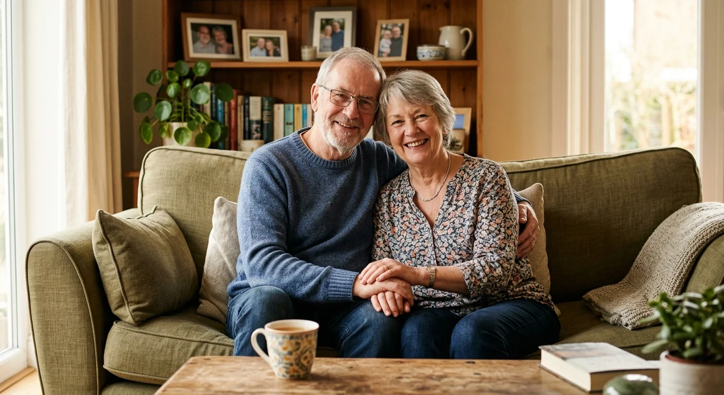 A happy, relaxed senior couple sitting on a green sofa in their warm, cozy living room.