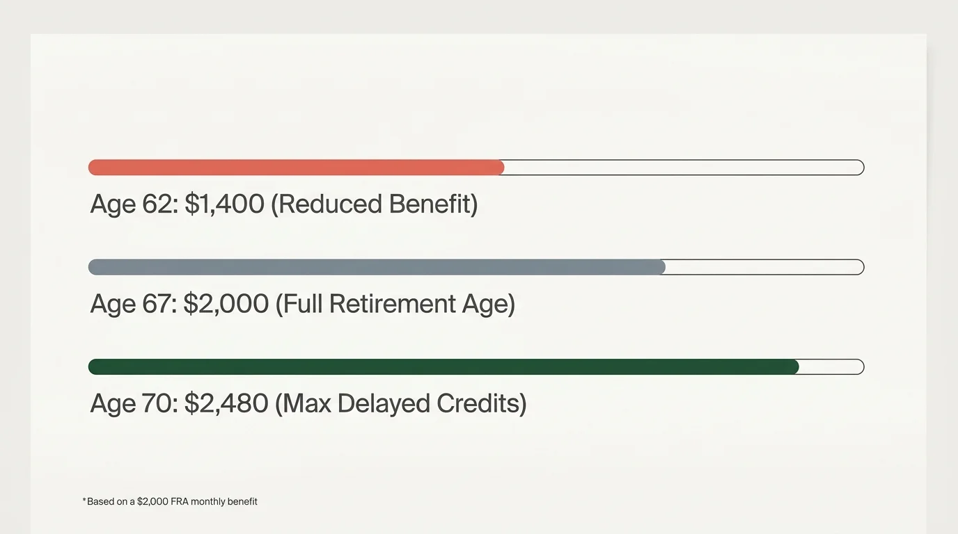 A horizontal bar chart showing monthly benefits increasing from $1,400 at age 62, to $2,000 at age 67, and $2,480 at age 70.