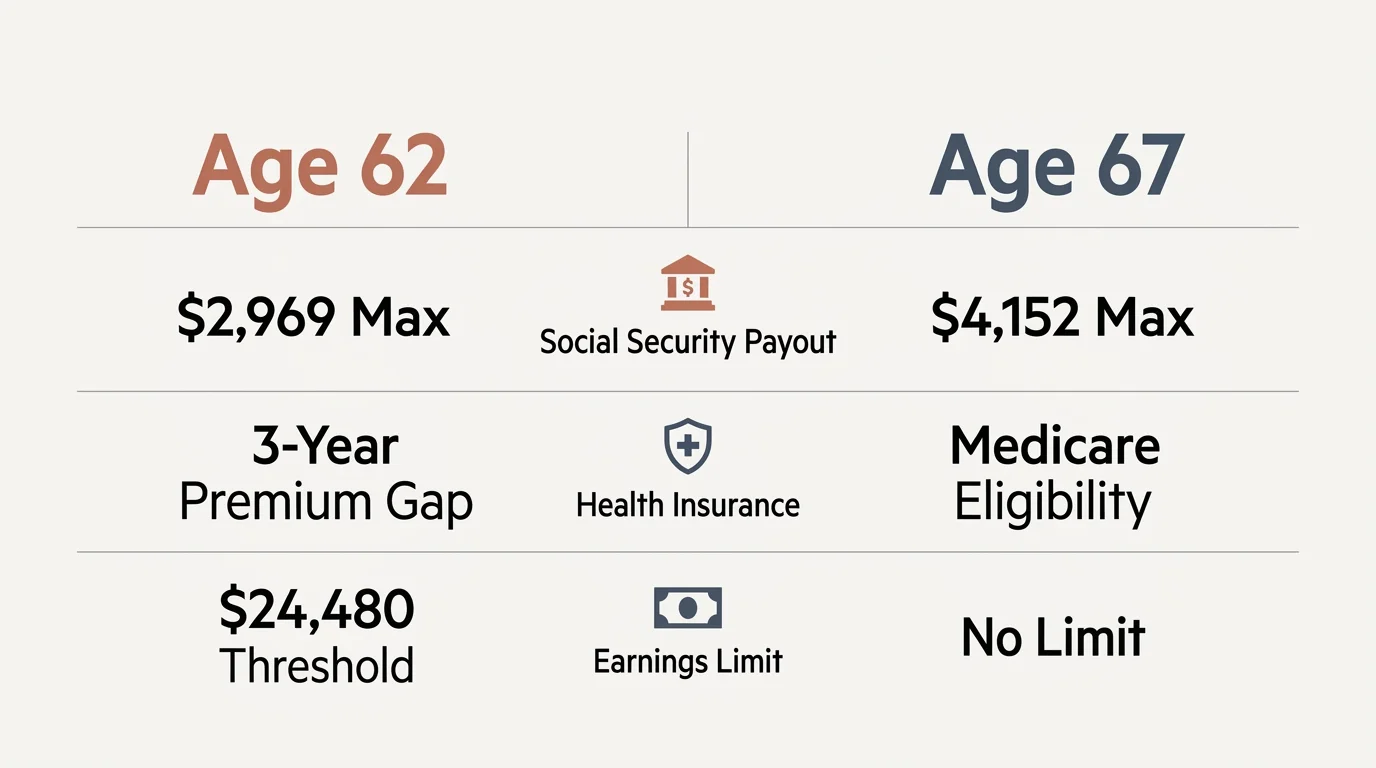 A horizontal comparison infographic contrasting retirement at Age 62 versus Age 67 across payouts, healthcare, and earnings limits.
