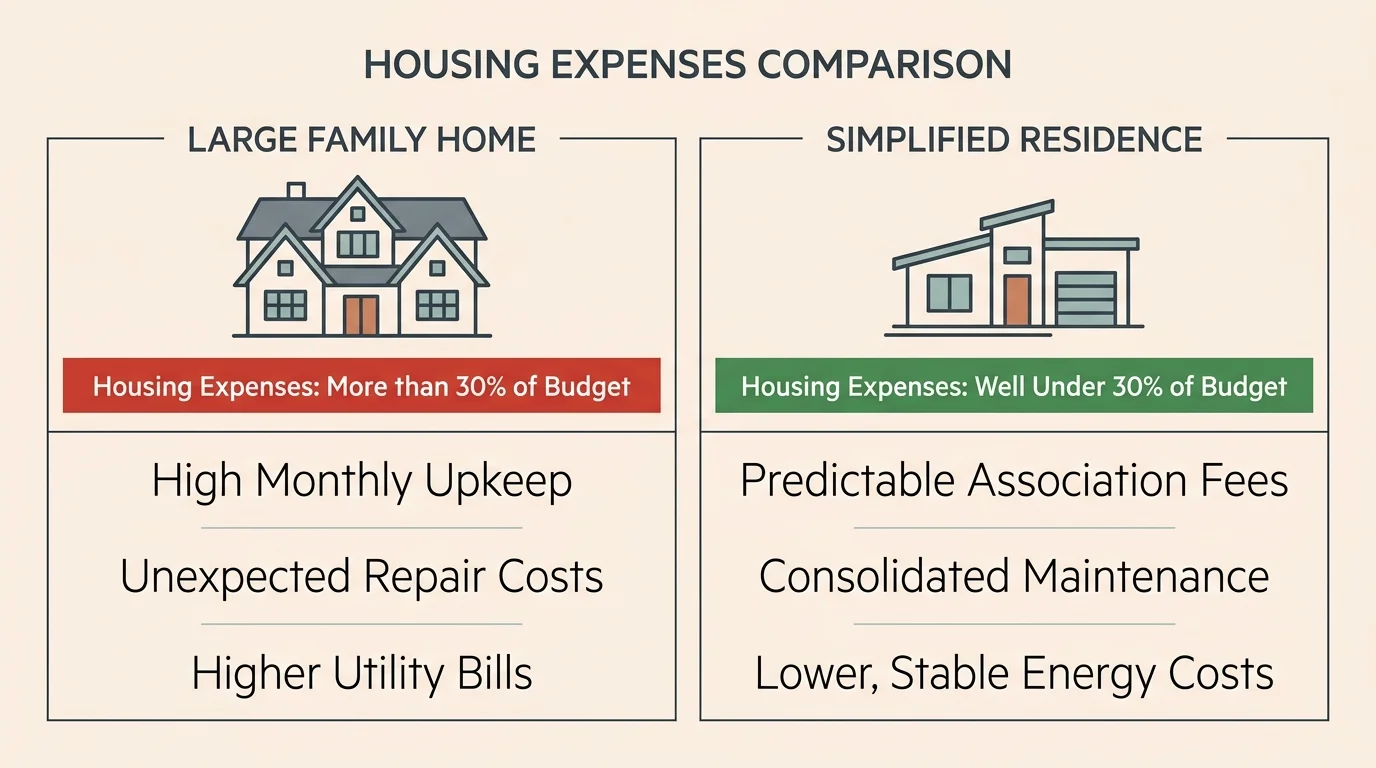 A horizontal comparison infographic showing housing expenses exceeding 30% in a large home versus under 30% in a simplified residence.