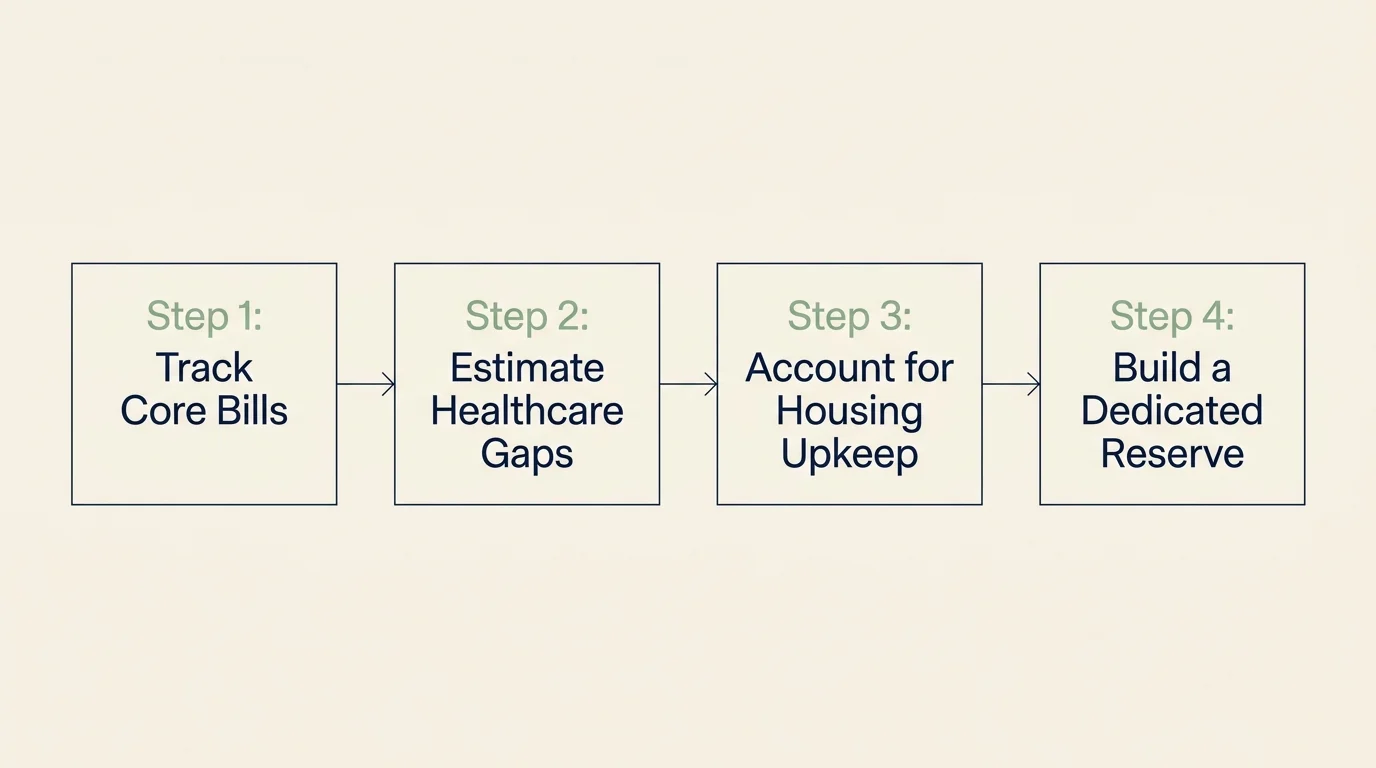 A horizontal, minimalist process diagram showing four clear steps to build a realistic retirement budget.