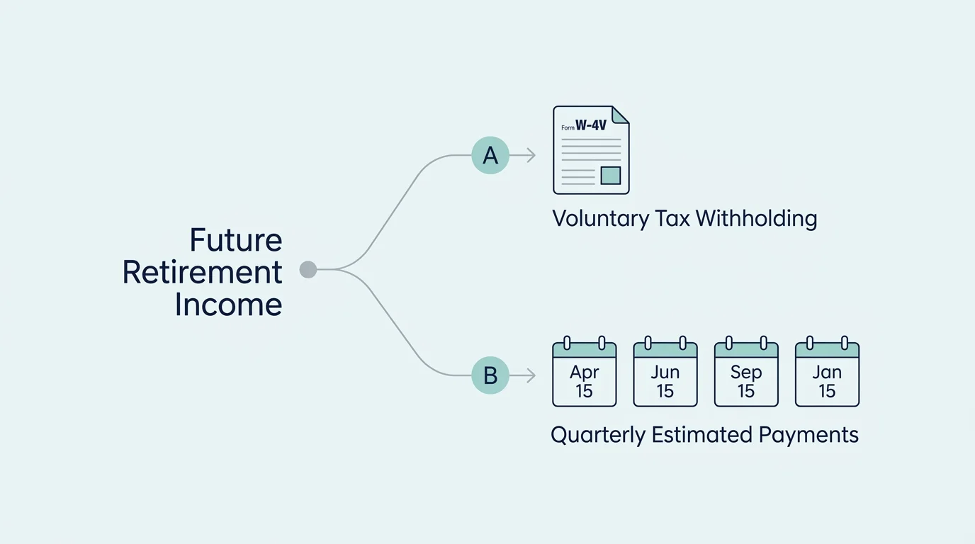 A horizontal process flow diagram showing the paths for voluntary tax withholding and quarterly estimated payments with key deadlines.