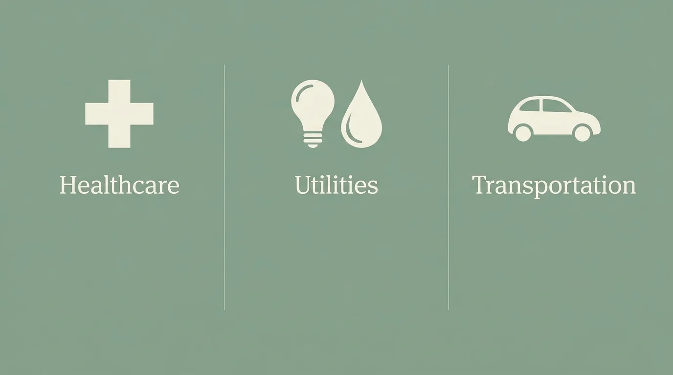 A horizontal three-column infographic highlighting healthcare, utilities, and transportation as hidden costs.