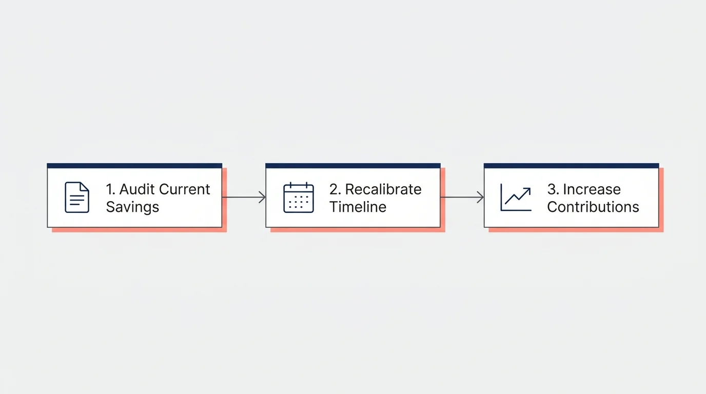 A horizontal three-step flowchart outlining the process: Audit Current Savings, Recalibrate Timeline, and Increase Contributions.