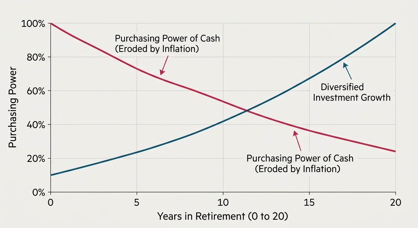 A line chart showing how cash loses purchasing power to inflation over 20 years while diversified investments grow.