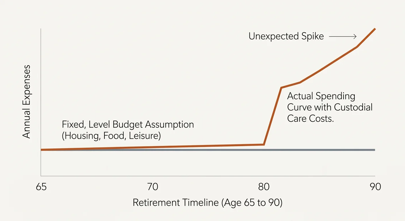 A line graph comparing a flat retirement budget line with a sharply spiking line representing actual costs when long-term care is needed.