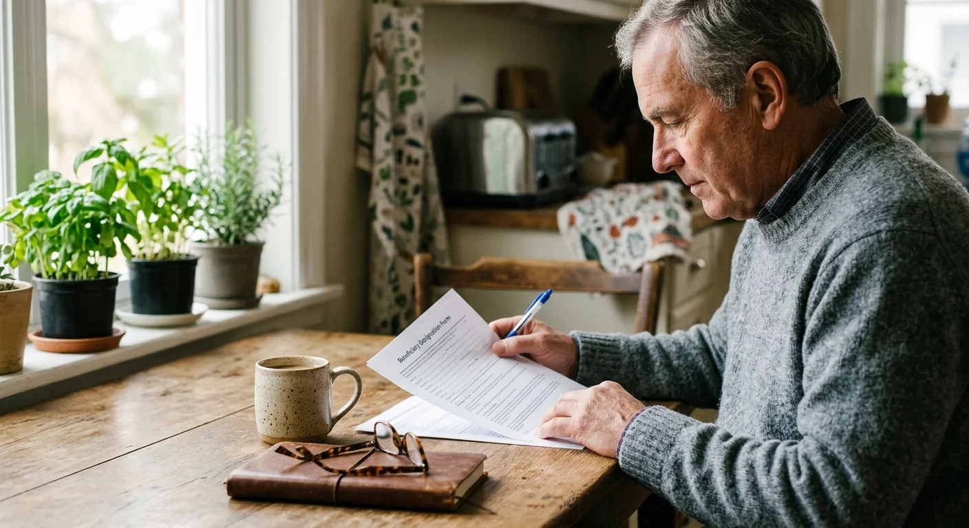 A man at his kitchen table reviewing a printed beneficiary designation form, captured in soft morning light.