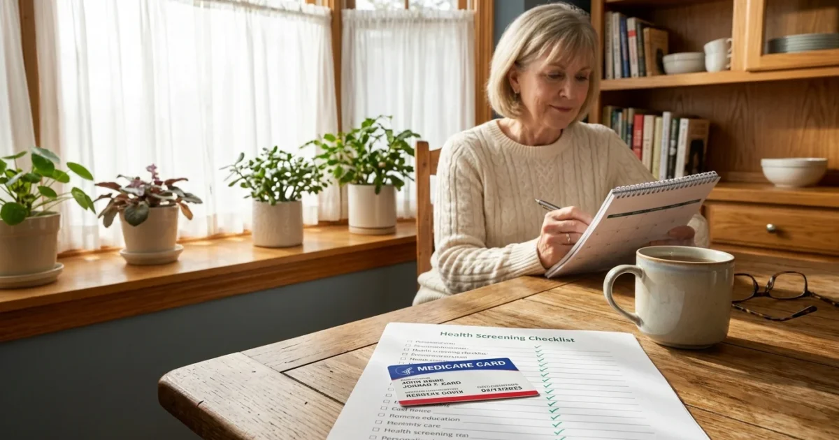 Senior woman writing on a calendar near a table with a Medicare card, checklist, and coffee mug.