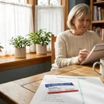 Senior woman writing on a calendar near a table with a Medicare card, checklist, and coffee mug.