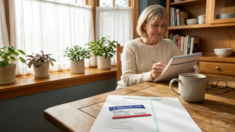 Senior woman writing on a calendar near a table with a Medicare card, checklist, and coffee mug.
