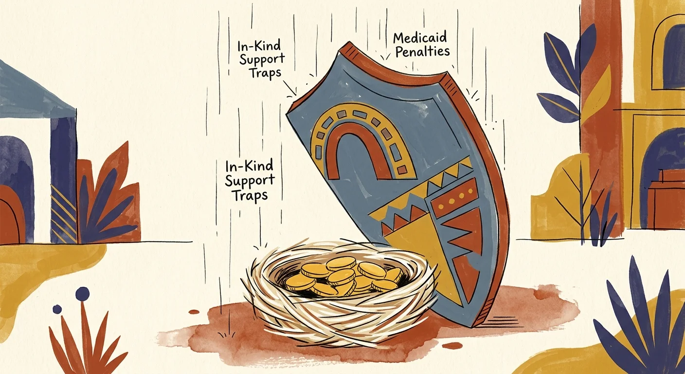 A mid-century gouache illustration of a slate blue shield protecting a gold nest egg from falling rain labeled as Medicaid penalties.