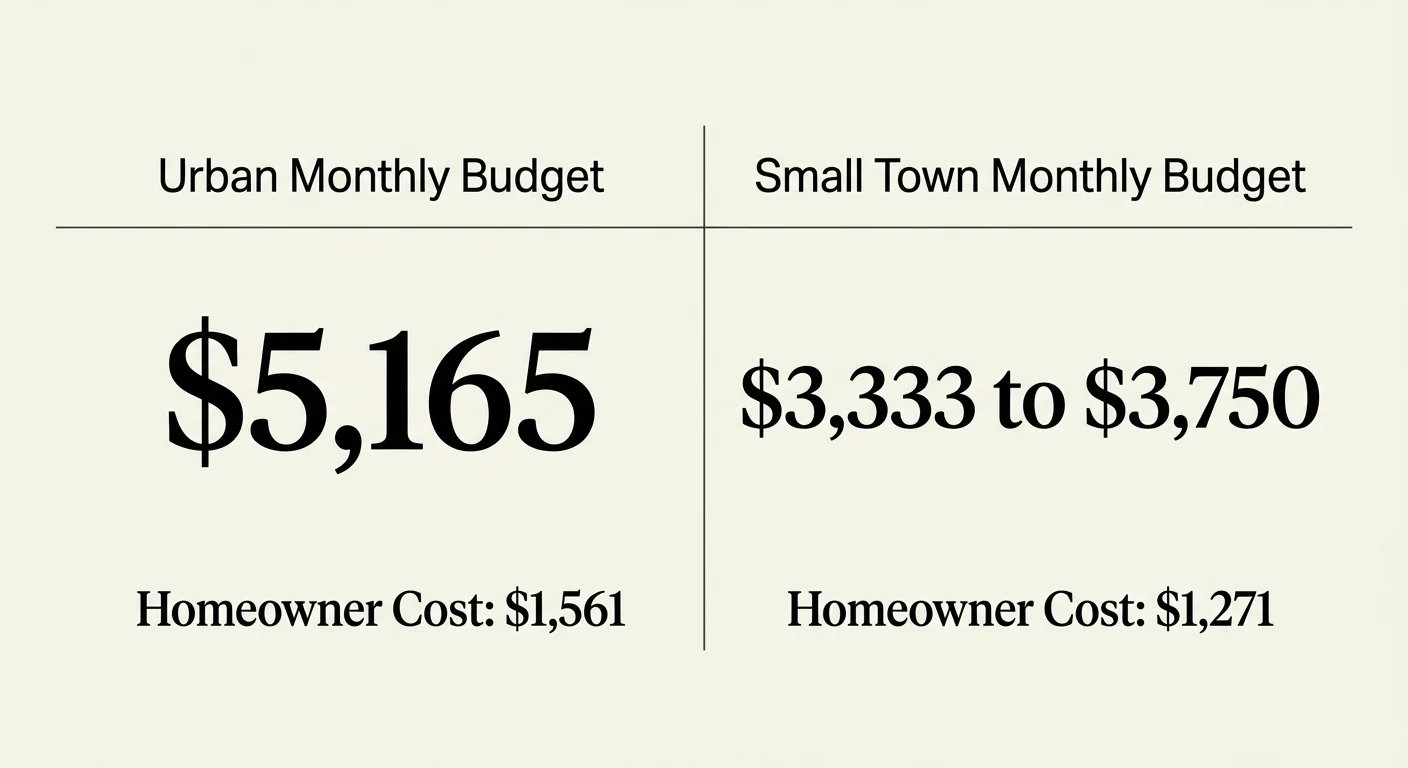 A minimal black and cream comparison chart showing urban versus small town monthly budgets.