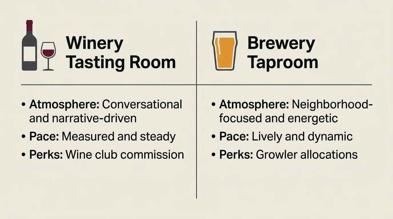 A minimalist chart comparing winery roles, which focus on tasting and wine clubs, with brewery roles, which focus on neighborhood taproom vi