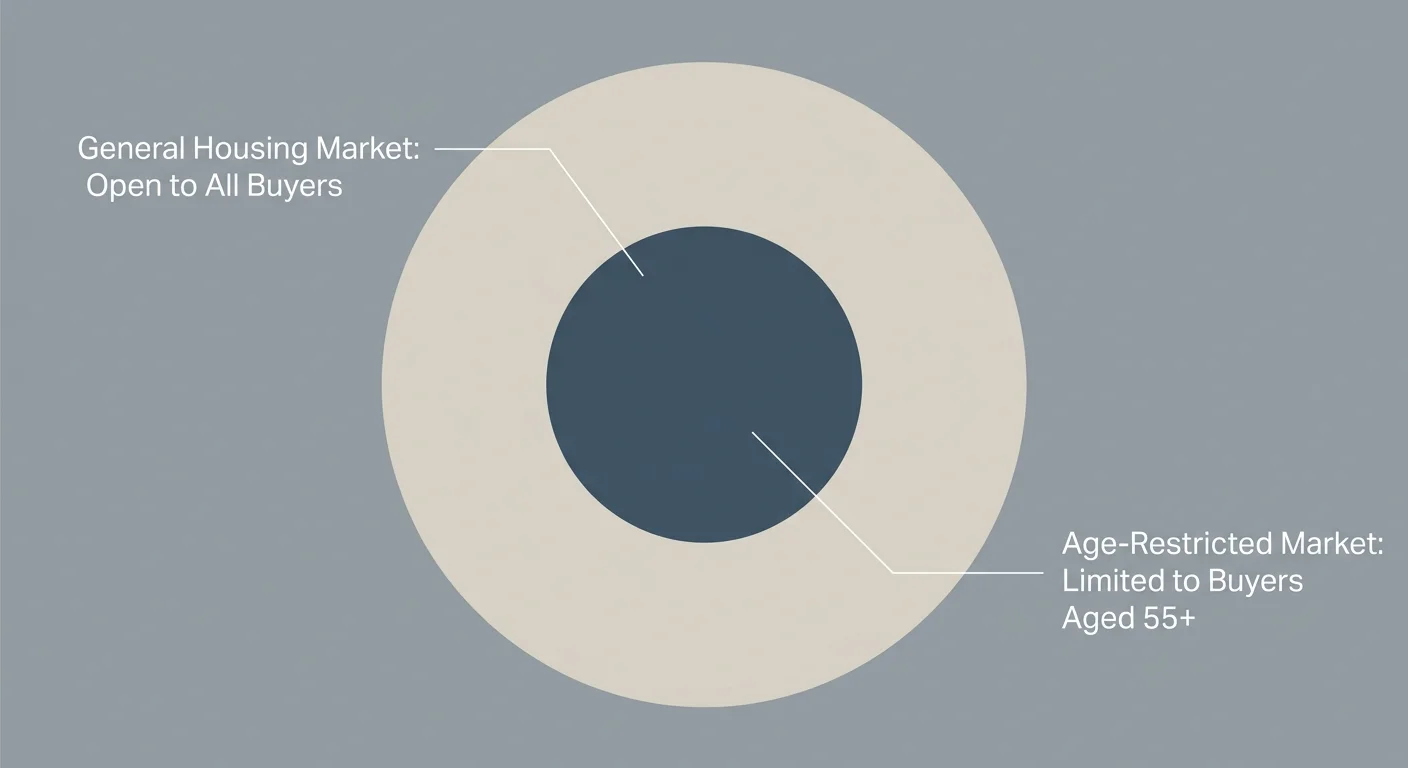 A minimalist diagram comparing the large general housing buyer market to the small, age-restricted 55+ buyer market.