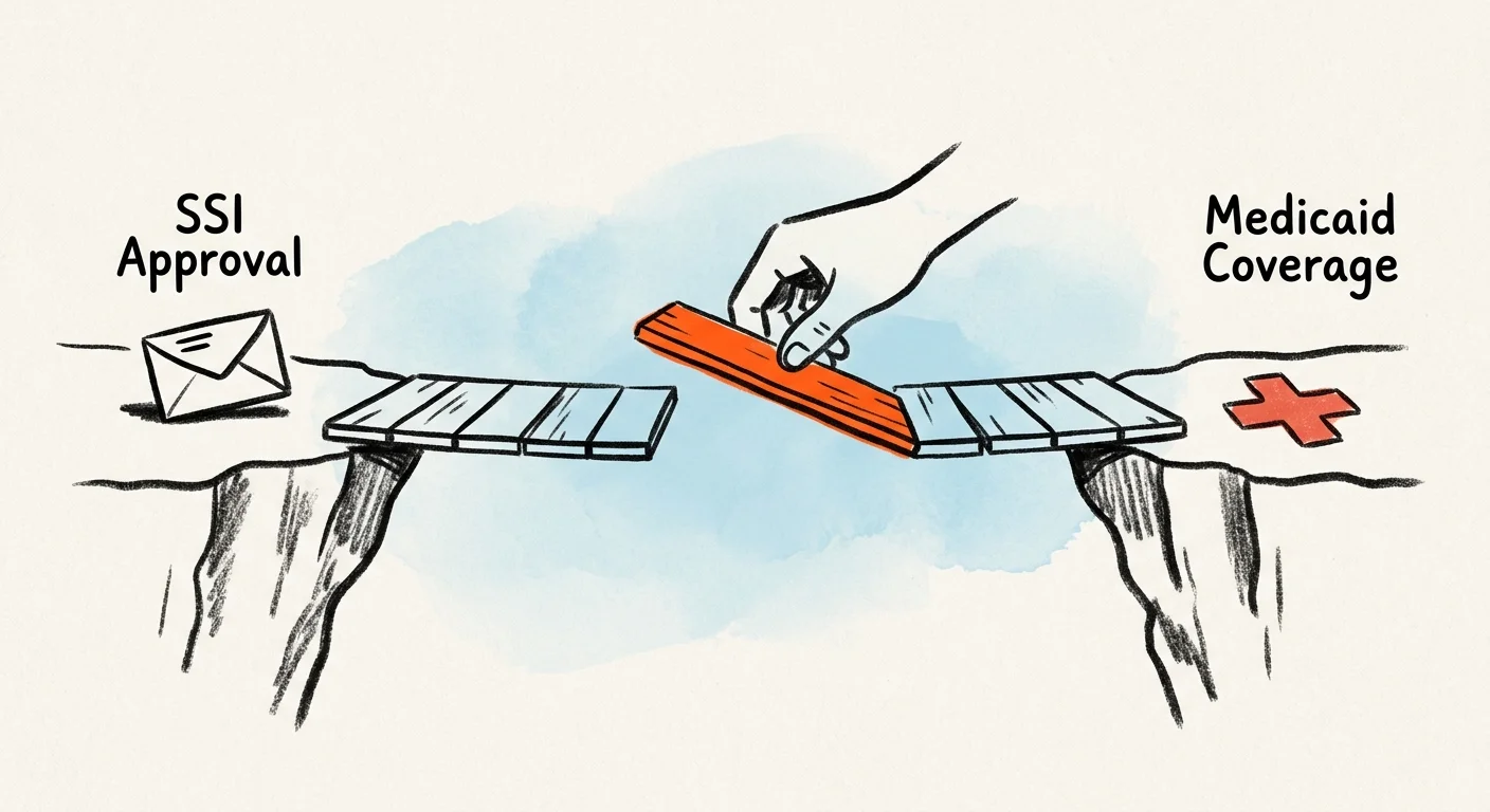 A minimalist drawing of a bridge being completed over a gap, connecting federal SSI to state Medicaid benefits.
