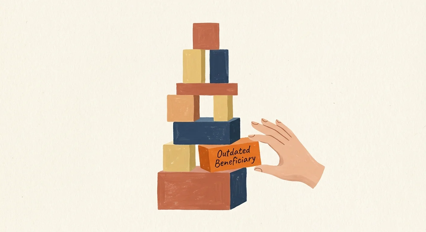 A minimalist gouache illustration of a block tower with one sliding block labeled 'Outdated Beneficiary' being corrected by a hand.