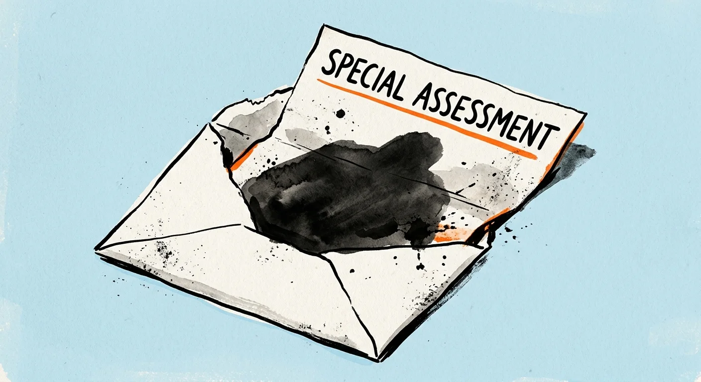 A minimalist ink and watercolor illustration of an open envelope containing an unexpected special assessment bill.