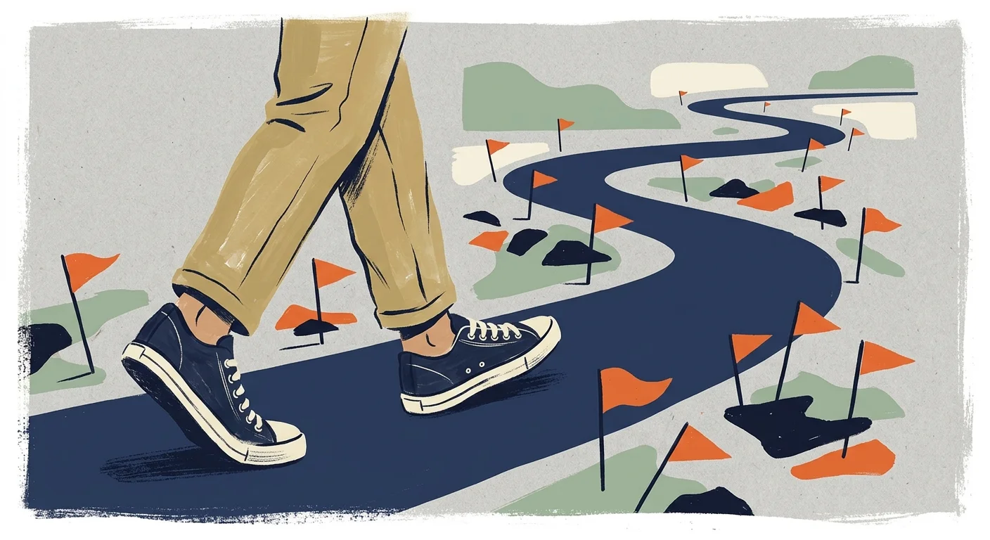 A minimalist mid-century style illustration of a person walking along a clean path while safely avoiding orange warning flags on the sides.