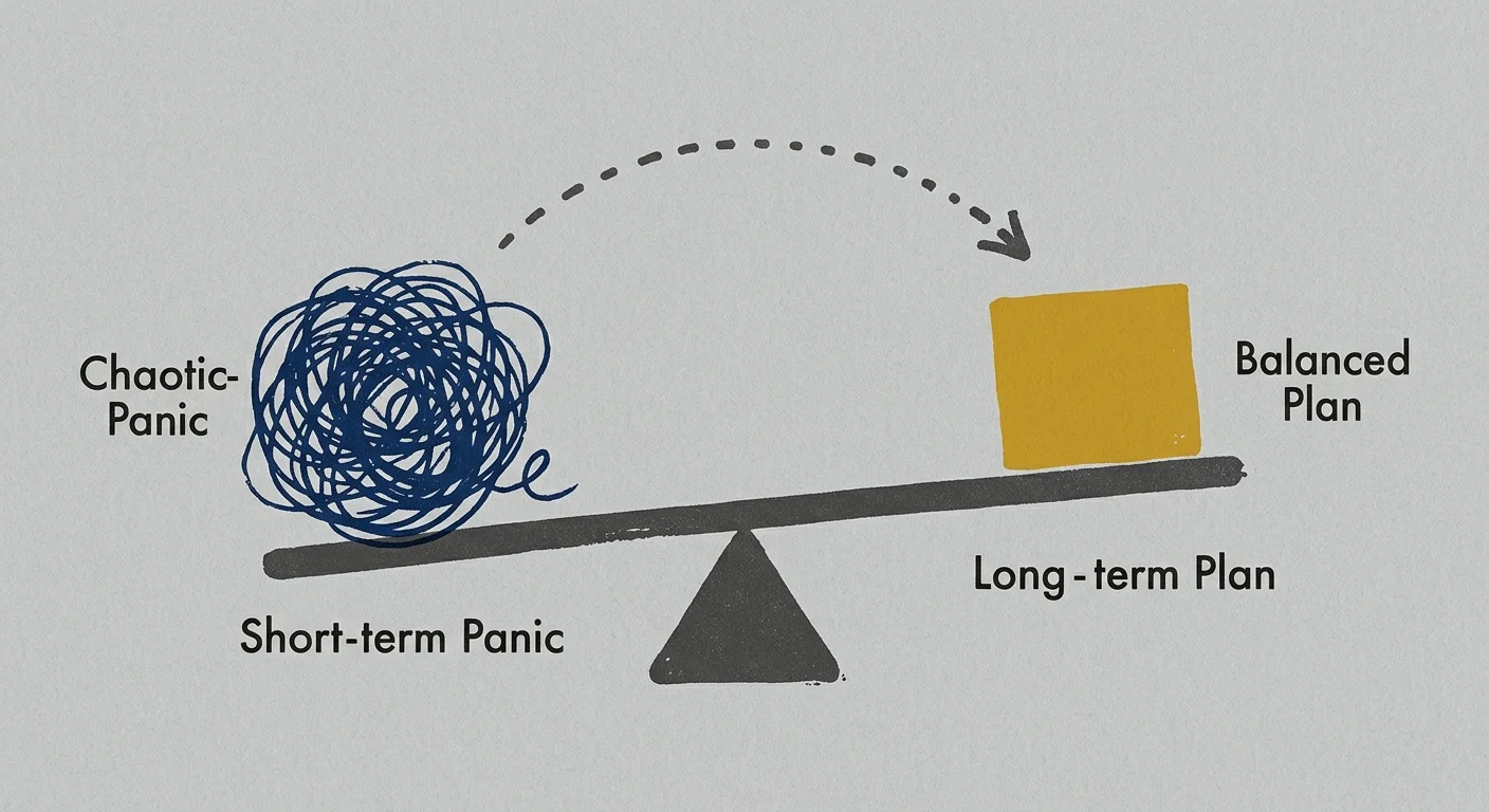A minimalist screenprint showing a scale balancing a chaotic blue scribble representing panic against a solid golden block of planning.